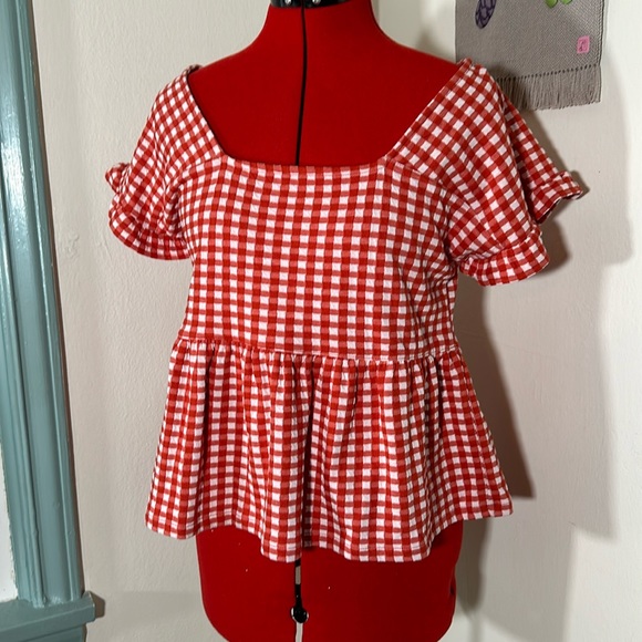 Madewell Tops - New Madewell Red Gingham Knit Ruffle-Hem Top